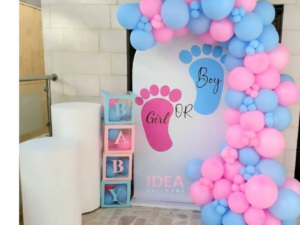 Boy or Girl Gender Reveal Balloon Decoration with Pink & Blue Balloon Arch and Baby Theme Backdrop  / Baby Shower