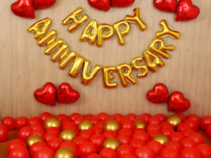 Romantic Happy Anniversary Gold Foil Balloon Decoration with Red Heart Balloons