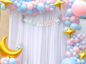Elegant Baby Shower Balloon Arch Decoration with White Curtain Backdrop, Star & Moon Foil Balloons / Baby Shower