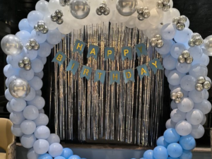 Elegant Blue, White & Silver Birthday Balloon Arch Decoration