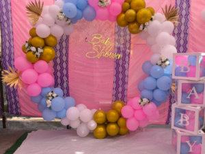 Premium Baby Shower Ring Balloon Decoration with Pink, Blue & Gold Theme and Neon Sign | Baby Shower