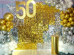 Golden & Silver Sequin Balloon Backdrop Decoration for 50th Birthday Celebration | JMD Events