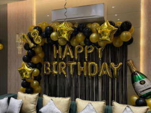 Black & Gold Luxury Birthday Balloon Decoration with Happy Birthday Backdrop | JMD Events