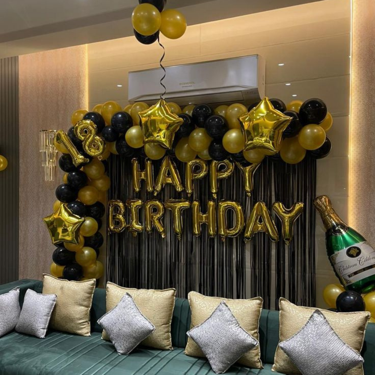 Black & Gold Luxury Birthday Balloon Decoration with Happy Birthday Backdrop | JMD Events