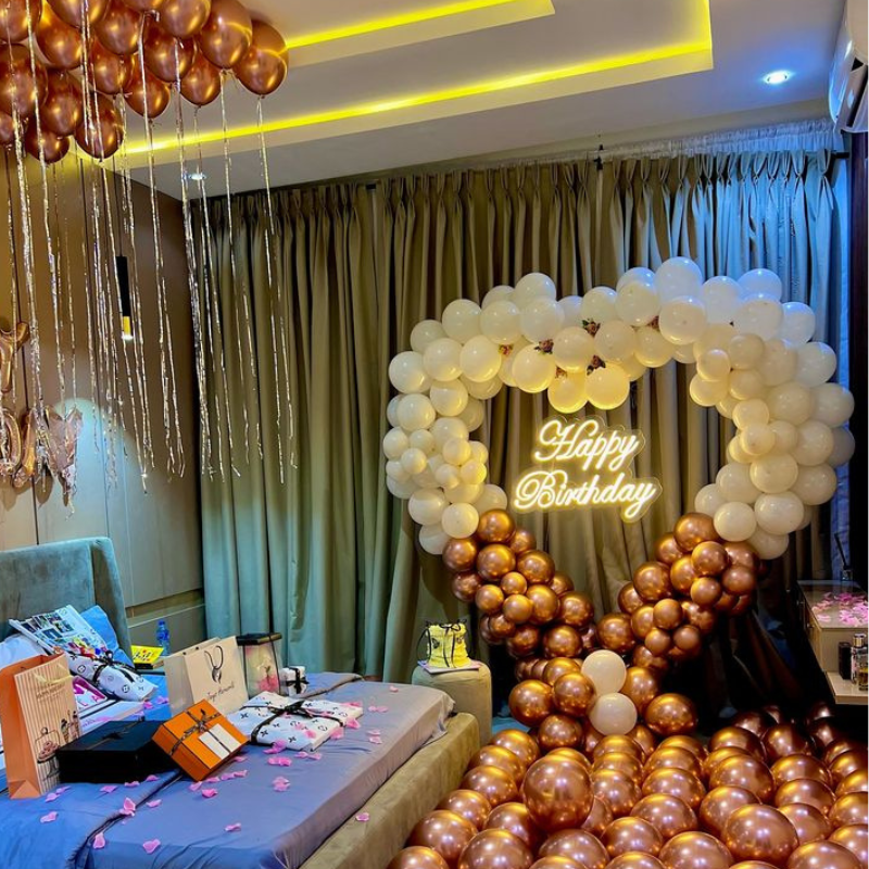 Luxury White & Rose Gold Birthday Room Decoration with Balloon Arch & Neon Sign | JMD Events