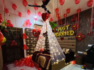 Just Married Romantic Room Decoration with Red Balloons & Canopy Lights | Wedding Night Surprise Setup