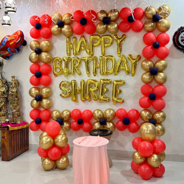 Red & Gold Balloon Arch Birthday Decoration with Happy Birthday Name Foil Balloons