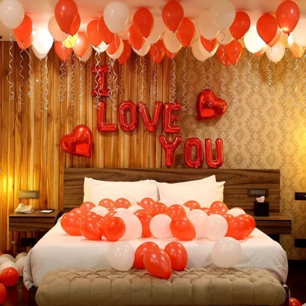 Romantic Red & White Balloon Love Room Decoration with “I Love You” Theme
