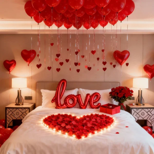 Romantic Wedding Night Room Decoration with Heart Balloons & Rose Petals | JMD Events