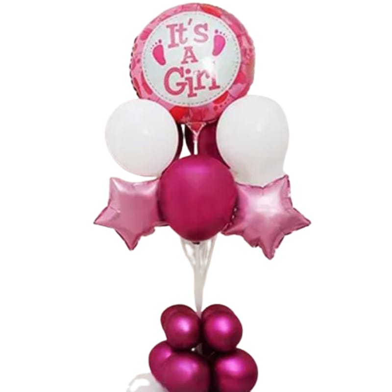 It’s a Girl Congratulations Balloon Bouquet – Pink & White Baby Girl Celebration Balloon Stand