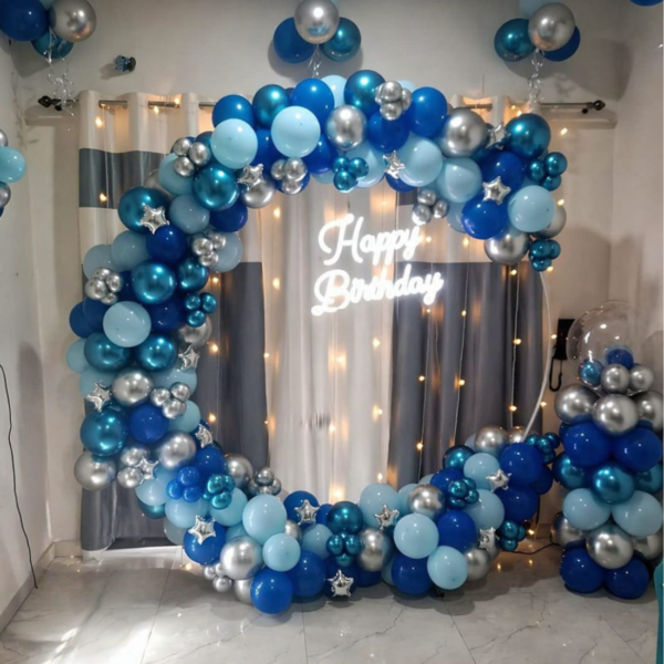 Royal Blue & Silver Birthday Balloon Ring Decoration Setup