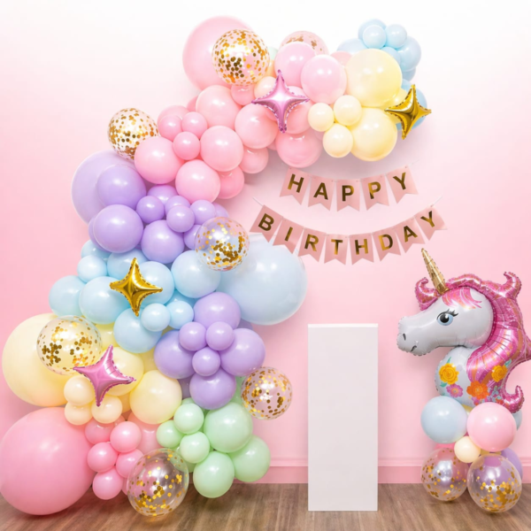 Pastel Unicorn Birthday Balloon Decoration Setup for Girls